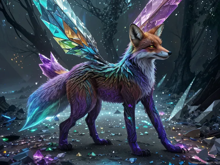 a luminously mutated crystalline fox, its angular forms glimmering with an otherworldly aura, the fur a spectrum of refracted co...