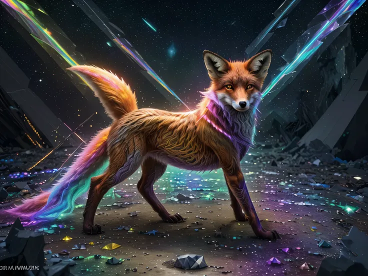 a luminously mutated crystalline fox, its angular forms glimmering with an otherworldly aura, the fur a spectrum of refracted co...