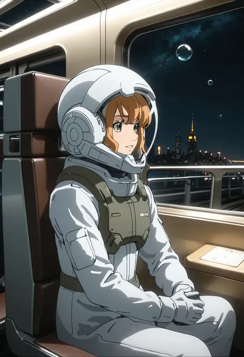 space helmet, (cinematic scene, sitting on a chair, train interior, , city view, night view: 1.5), space helmet, eva helmet, spa...