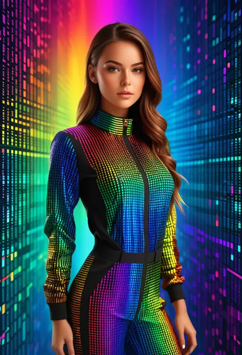 3D render a girl wearing a jumpsuit, the background is a wall of rainbowish binary code, vibrant colors, beautiful 3D illustrati...