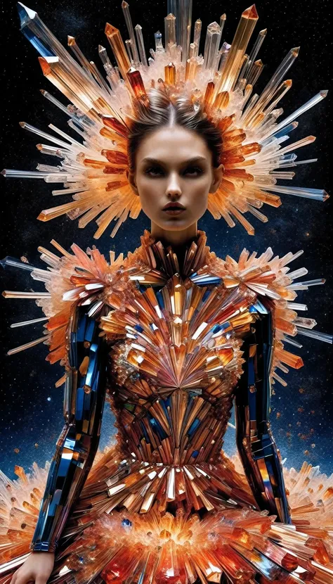 for marie claire, a model in a valentino creation, her pose commanding, amidst the depiction of a supernova explosion. asymmetri...