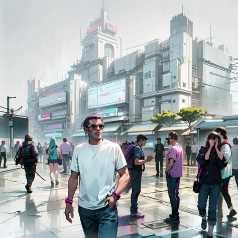 araffe man in blue shirt and sunglasses standing in front of a building, in a city with a rich history, streets of mumbai, profi...