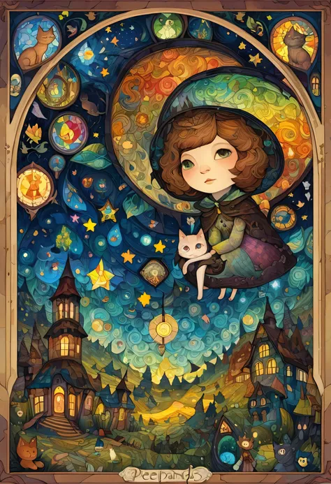 art, oil, best quality, a dark tale, van gogh-esque universe、 (peepland:1.2)、starry sky, witch and cat、witch and cat、symbol of p...