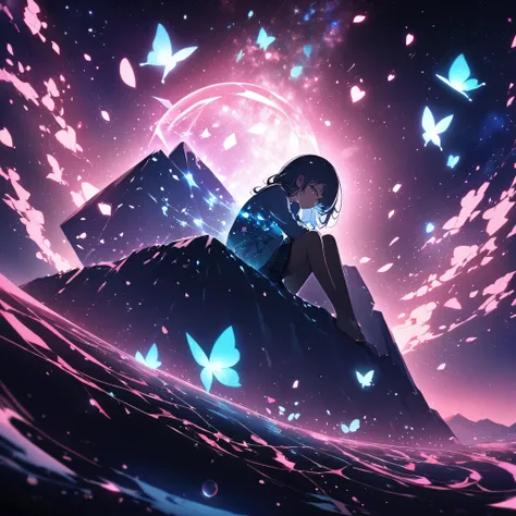 illustrate a surreal scene of a japanese schoolgirl sitting alone on a giant cherry blossom petal floating in a cosmic void. she...