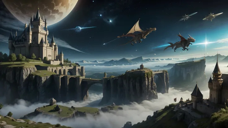 create an image of a world in medieval times with dragons, castles, wars and have an invasion of the sky by spaceships