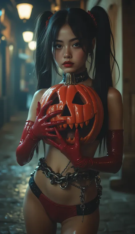 1 girl ultra skinny anorexic scandinavian korean teen girl , (( holding a small red shiny plastic jack o lantern )), (cumface gi...