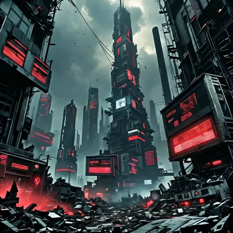 an abandoned, dystopian city in ruins, where towering, crumbling skyscrapers loom under a dark sky filled with static interferen...