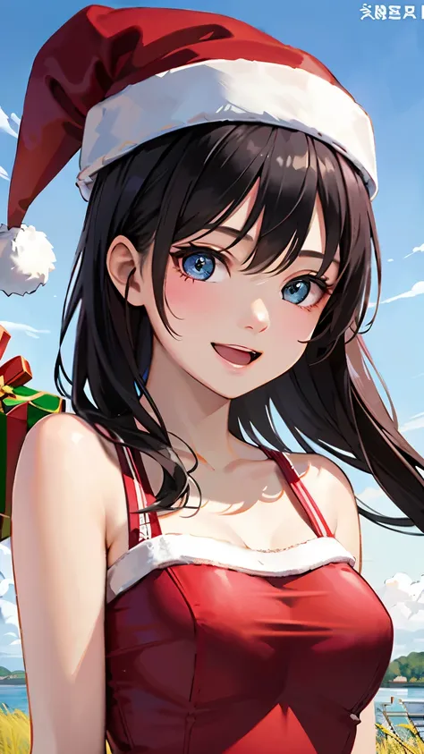 (1 person)、(((black hair)))、((whole body))、(((santa outfit with front open)))、((random pause))、((at the summer lake in the grass...