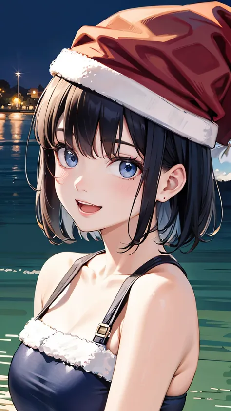 (1 person)、(((short black hair)))、((whole body))、(((santa outfit with front open)))、((random pause))、((at the lake in summer))、(...