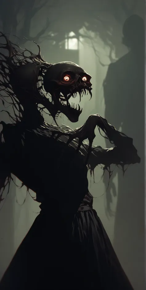 silhouette black , creepy monster,  glowing eyes and teeth ,  creepy scary monster, male figure , mucus