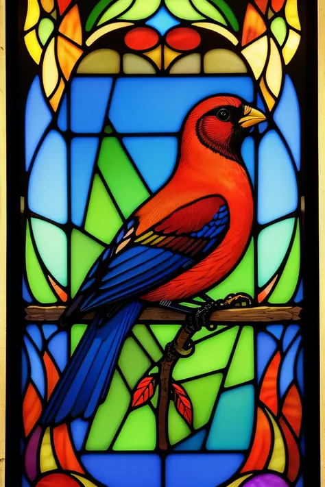 a vibrant stained-glass design featuring a central red bird with intricate feather details. the bird is perched gracefully, surr...