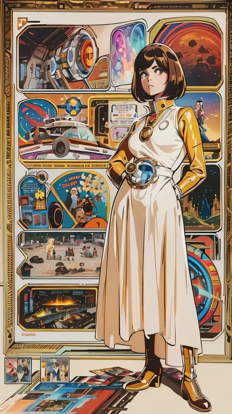 a woman in a white dress々arafed image standing in front of, 70s sci-fi art, attractive brown-haired woman,  movie still frames ,...