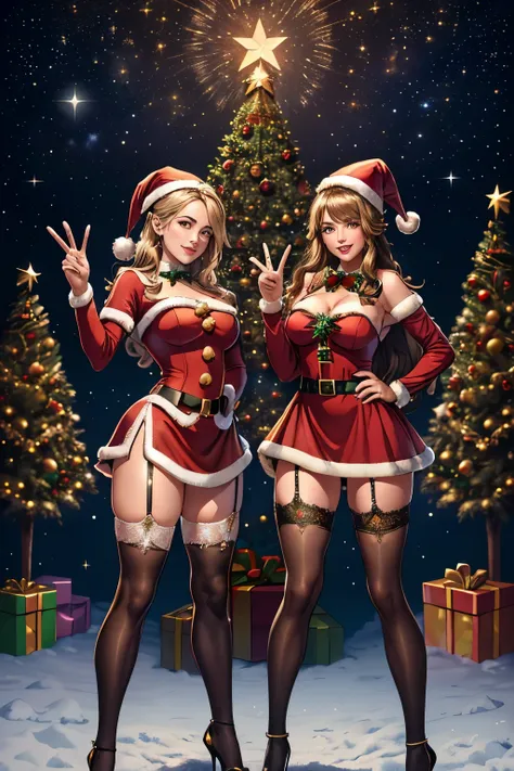 masterpiece,ultra-detailed,full body,2girls,2 women standing in front xmas tree,top of star is glowing,double peace sign,happy s...