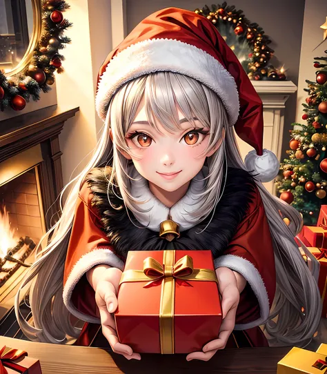 masterpiece, best quality, black, 1 girl, gray hair, orange eyes, smile, christmas outfit, santa hat, christmas decorations, rea...