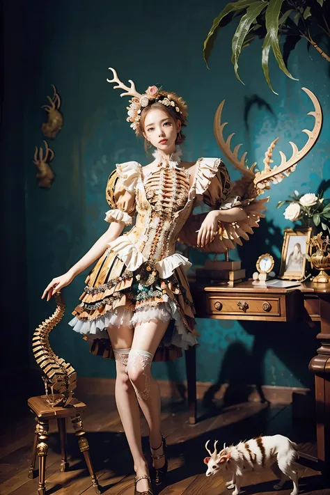 mekkogu,  one girl ,  rococo madame pompadour,  deer antler,  dress, cockerel ,  jungle,  creepy, (( spine ribs )),  fragonard 、...