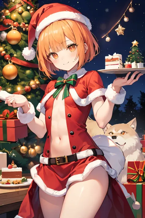 orange hair、 orange eyes before the hunt、 wolf ear、  girl 、 small breasts、 half bob hair、  girl 、   small breasts、  bright smile...