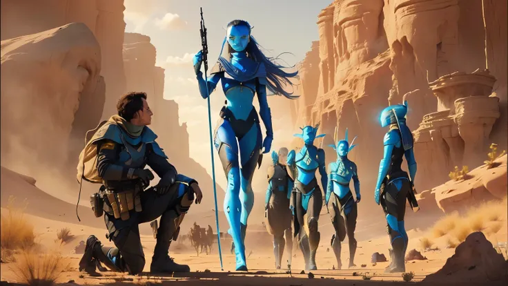 there are many people in the desert with blue aliens,  faces of humans should be clear , scene from dune 2 0 2 1 movie, avatar m...