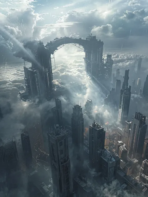 there is a picture of a city in the clouds with a bridge