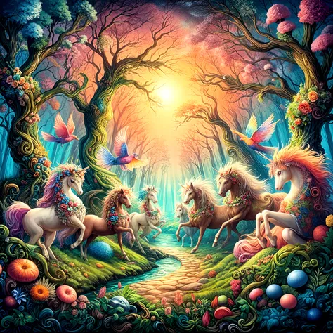 painting of a fantasy forest with unicorns and other animals