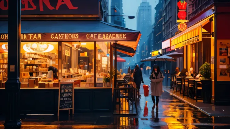 newyork, city, rainy night, cafe restaurant, painting, anime, vision, high quality composition