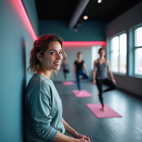 a group of jewish yoga, the main character leans on the left edge of the frame, her face is at 2/3 of the frame height, detailed...