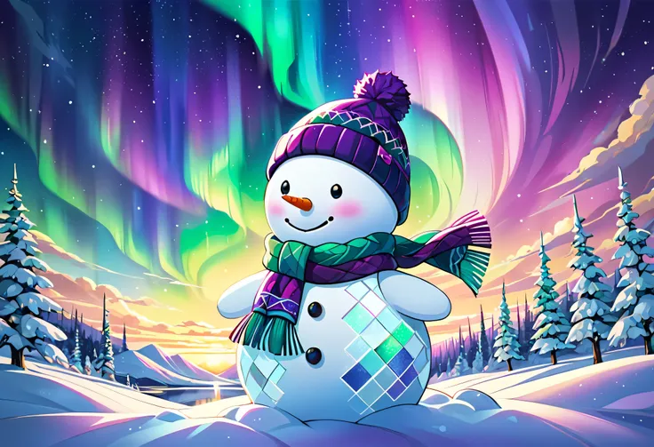 A stained glass-style snowman set against a breathtaking aurora-lit sky. The snowman is designed with intricate geometric patter...