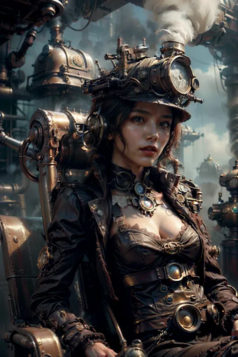 there is a sexy taiwanese woman with a steam , dark skin ,  with small tits,a royal look,helmet,  steampunk concept art , sexy f...