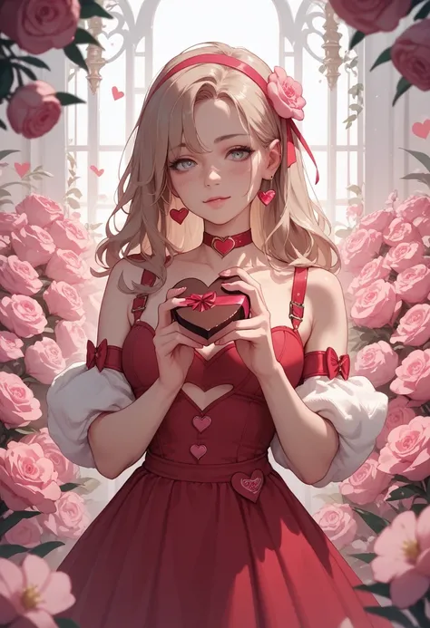 Woman , Valentine theme , Pink flowers , Valentine outfit , Holding heart shaped chocolate , High details 