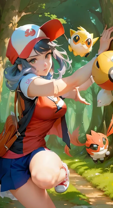 masterpiece, cinematic, anime girl with white pony hair, a pokemon hat and a pokemon in a forest, artgerm style, artgerm and ate...