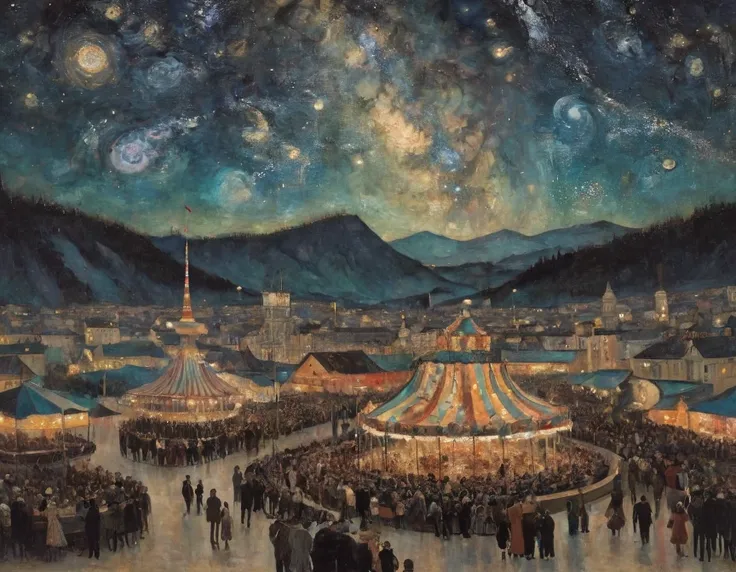 painting of a carnival with people walking around it at night