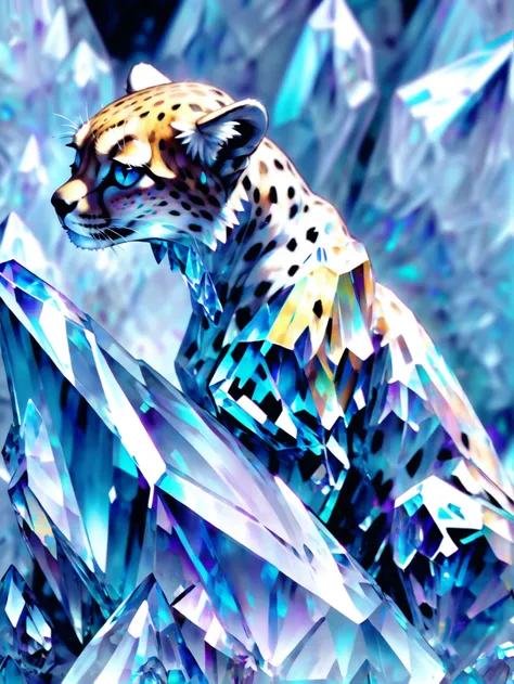 a close up of a leopard on a rock with crystals